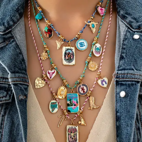 3Pcs Western Cowgirl Themed Layered Stacking Necklace Set - Multicolor Braided Cord Necklaces with Enamel Turquoise & Bull Skull Charms, Boho Country Statement Jewelry for Women, Boho Aesthetic