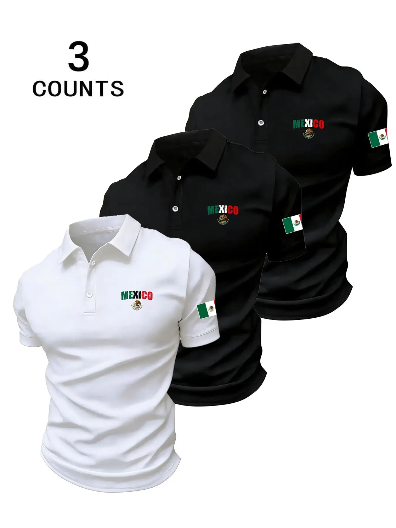 3-Pack Men's Mexican Flag Polo Shirts, Eagle Graphic Short Sleeve, Casual Fitted, Perfect for Latino Men, Summer Streetwear, Soccer Fan Gift