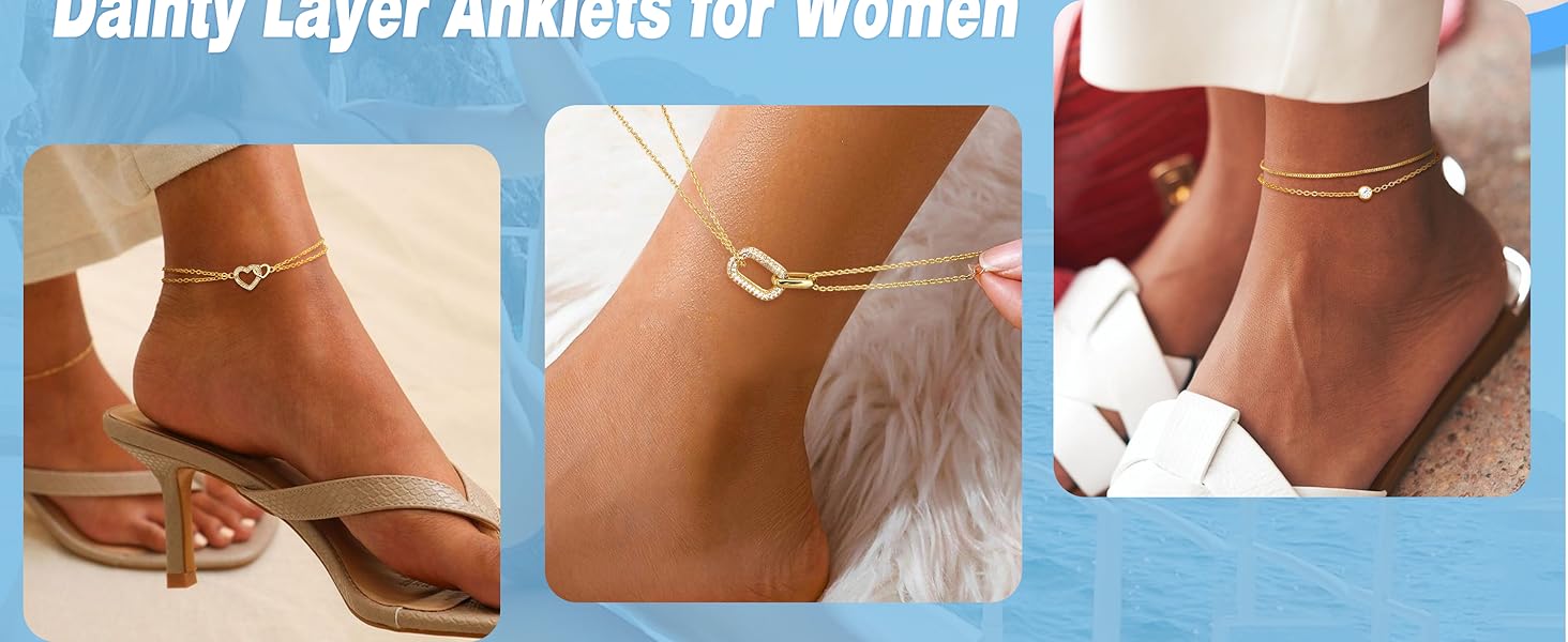 CASSIECA 925 Sterling Silver Anklets for Women Dainty CZ Parperclip Heart Layered Waterproof Silver Ankle Bracelets Adjustable Extra Large Anklet Beach Foot Jewellery