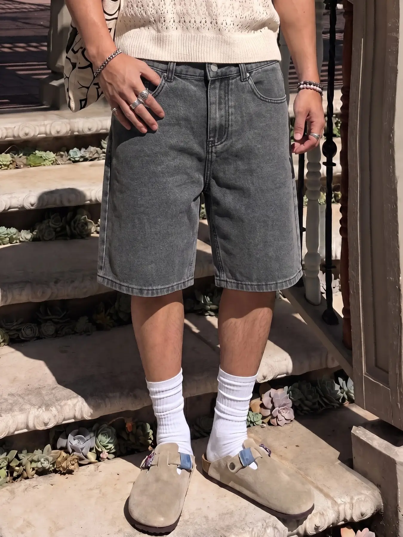 Men's Vintage Washed Denim Jeans Shorts, Light Wash Design, Loose-Fit, Breathable, Button Fly, Ideal for Casual Wear, Summer Commute, All Seasons