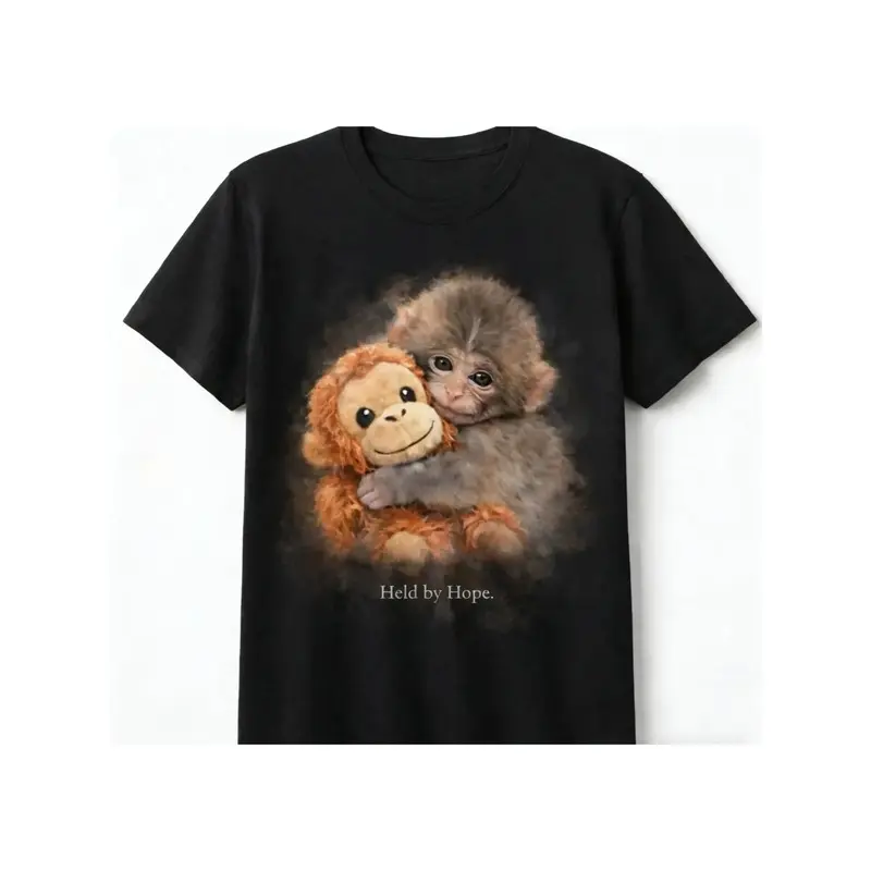Held by Hope Cute Baby Monkey Graphic Tee for Men Women Black Cotton T-shirt Summer Casual Animal Lover Top Womenswear Crewneck