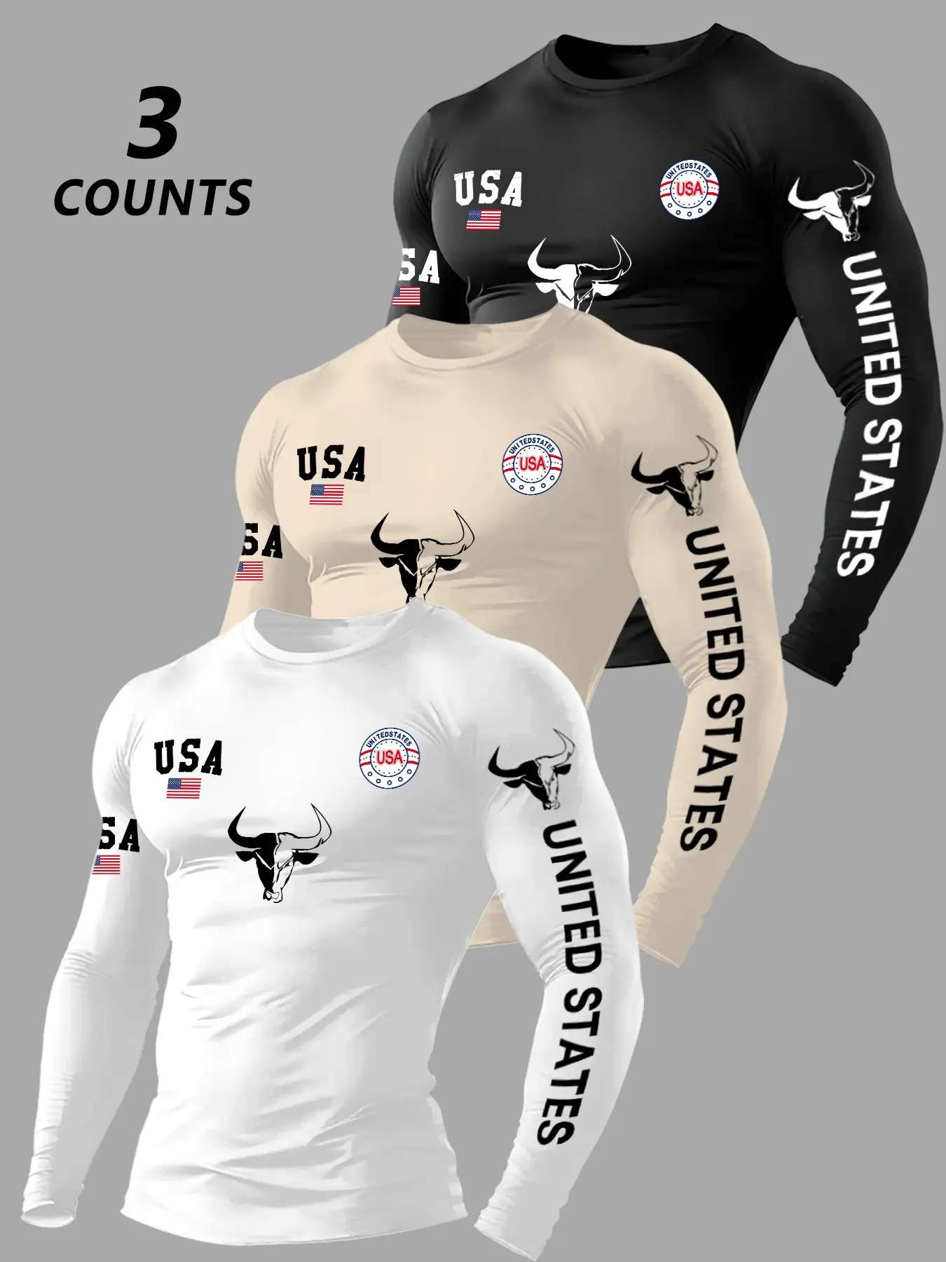 Men's Usa Bull Letter Print Slim Fit Long Sleeve T-Shirt, Casual Fitness Round Neck Training Top, Fitness Shirts, Casual Sports Tops, Casual Workout Tops, Casual Sporty Top, Spring & Fall Wear