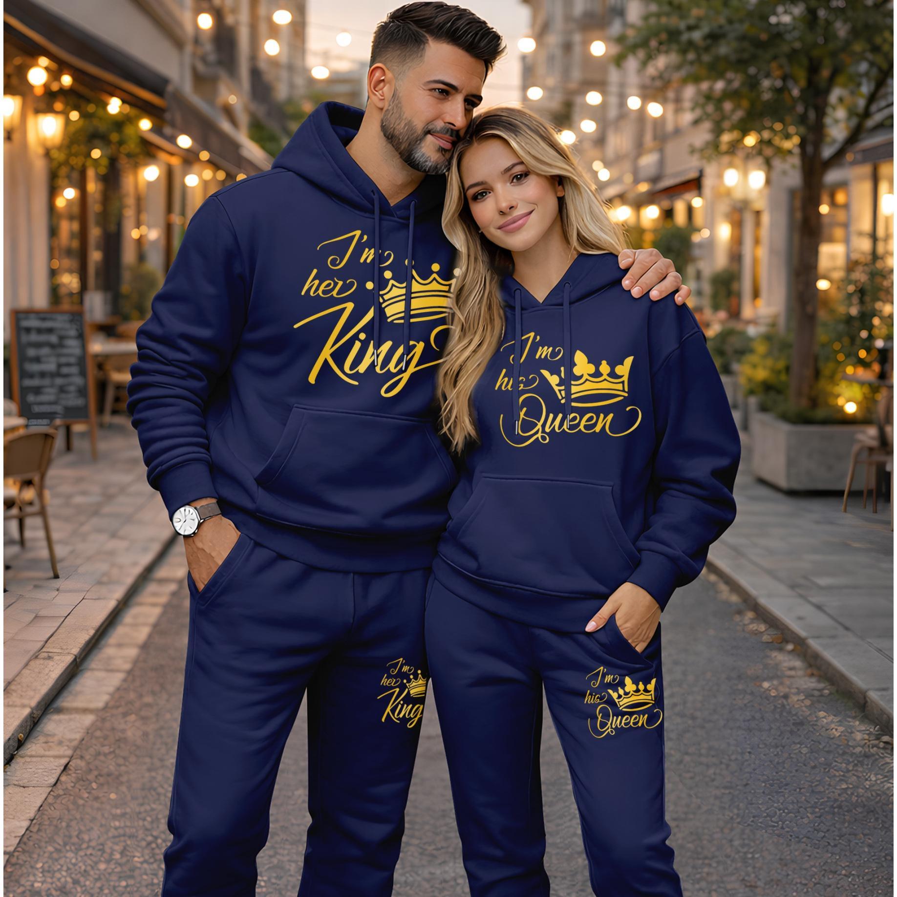 Couple's King & Queen Print Hooded Sweatshirt and Drawstring Sweatpants Set (Sold as a Single Set), Casual Sportswear, Long-Sleeve Hooded Jacket and Pants, Suitable for Autumn and Winter, Everyday Wear, Tracksuit, Casual Athletic Wear