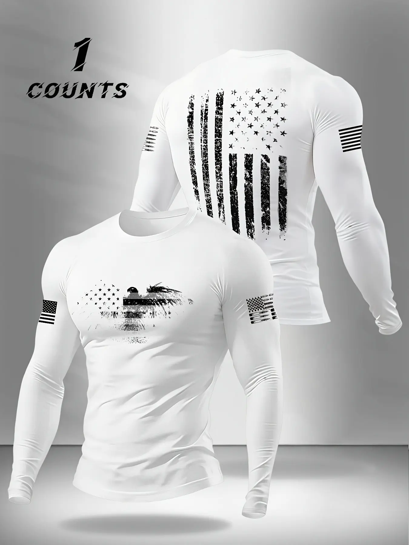 Grunge‑Style USA Eagle Flag Print Mens Athletic Compression Long Sleeve T‑Shirt, Sweat‑Wicking Stretchy Knit, Body‑Hugging Cut, Performance Activewear For Jogging Fitness Exercise