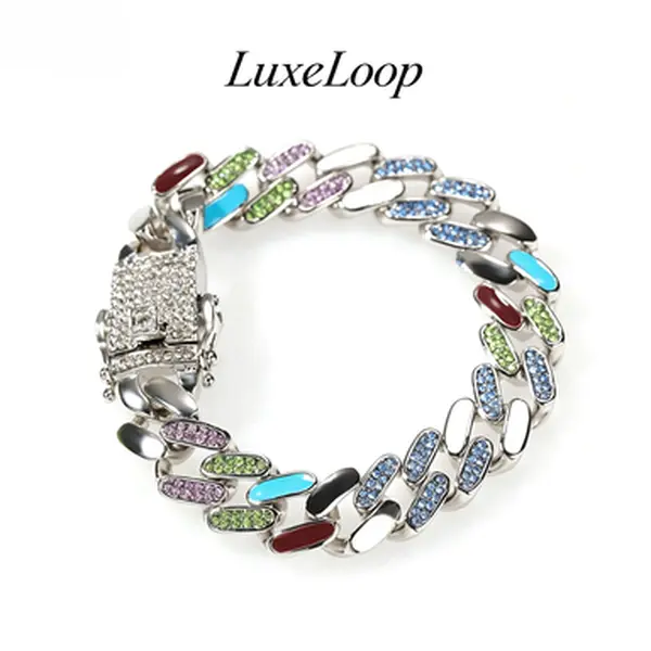 LuxeLoop Color Enamel Iced Out Cuban Link Bracelet, Trendy Hip Hop Wrist Ornament for Men Women, Vibrant Multicolor Streetwear Statement Accessory, Sparkly Dainty Stackable Wrist Chain, Fashion Daily Club Jewelry, Ideal Birthday Holiday Gift