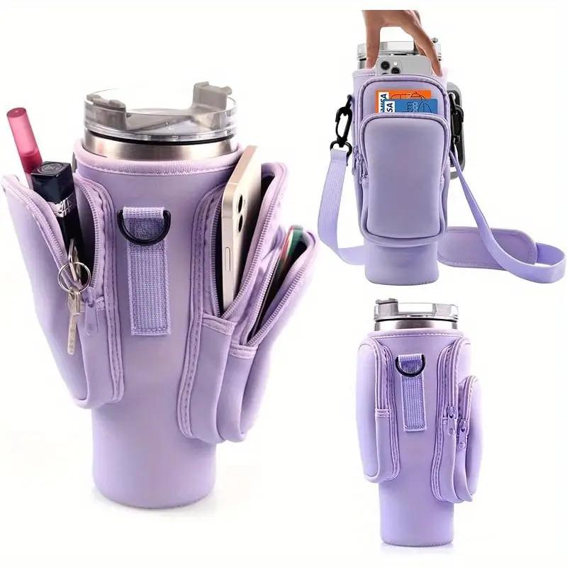Water Bottle Carrier Bag with Phone Pocket for Stanley Cup 40/30oz,Insulated Neoprene Water Bottle Holder Pouch Cross-boday Bag with Adjustable Shoulder & Handheld Strap Stanley Cup Accessories 3 Pockets