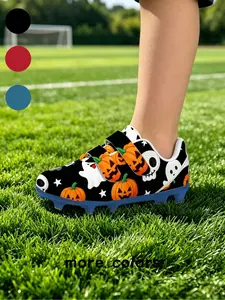 1 Pair Kids Velcro Football Cleats With Black Base Halloween Pumpkin, Ghost, Skull & Star Print, Fun Festival Cool Sports Style, Non-slip Black Stud Sole & Wear-resistant Upper, Soccer Shoes For Boys And Girls Grass Training & School Competitions