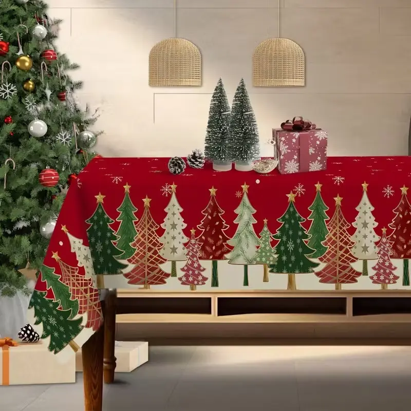 Christmas Tablecloth, 2D Flat Party Tablecloth, Santa Tree & Snowflake Design, Perfect for Indoor/outdoor Decor, Ideal Gift