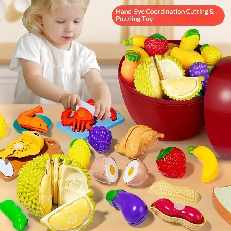 Preschool Kitchen Food Toy Set, Cutting Playset for Kids, Pretend Play Fake Fruit Vegetables, Play Food Sets, Toddler Cooking Accessories, Boys Girls Toys