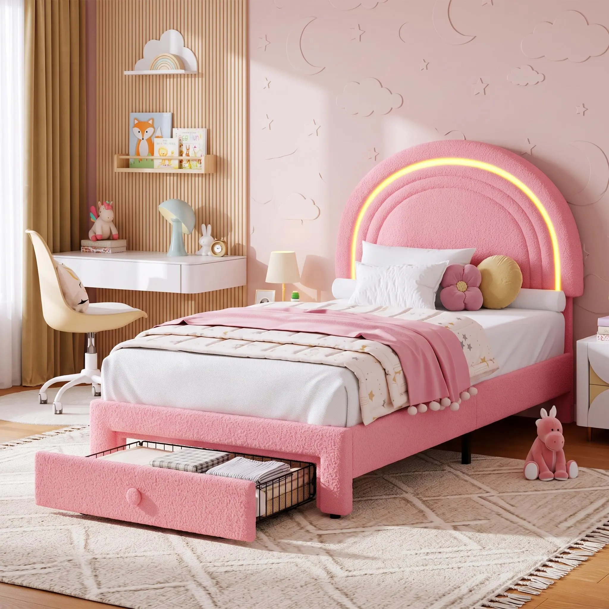 【GARVEE】Rainbow LED Headboard Twin Upholstered Platform Bed Frame with Storage Drawer | Princess Style, Wood Slat Support, No Box Spring Required, Easy Assembly