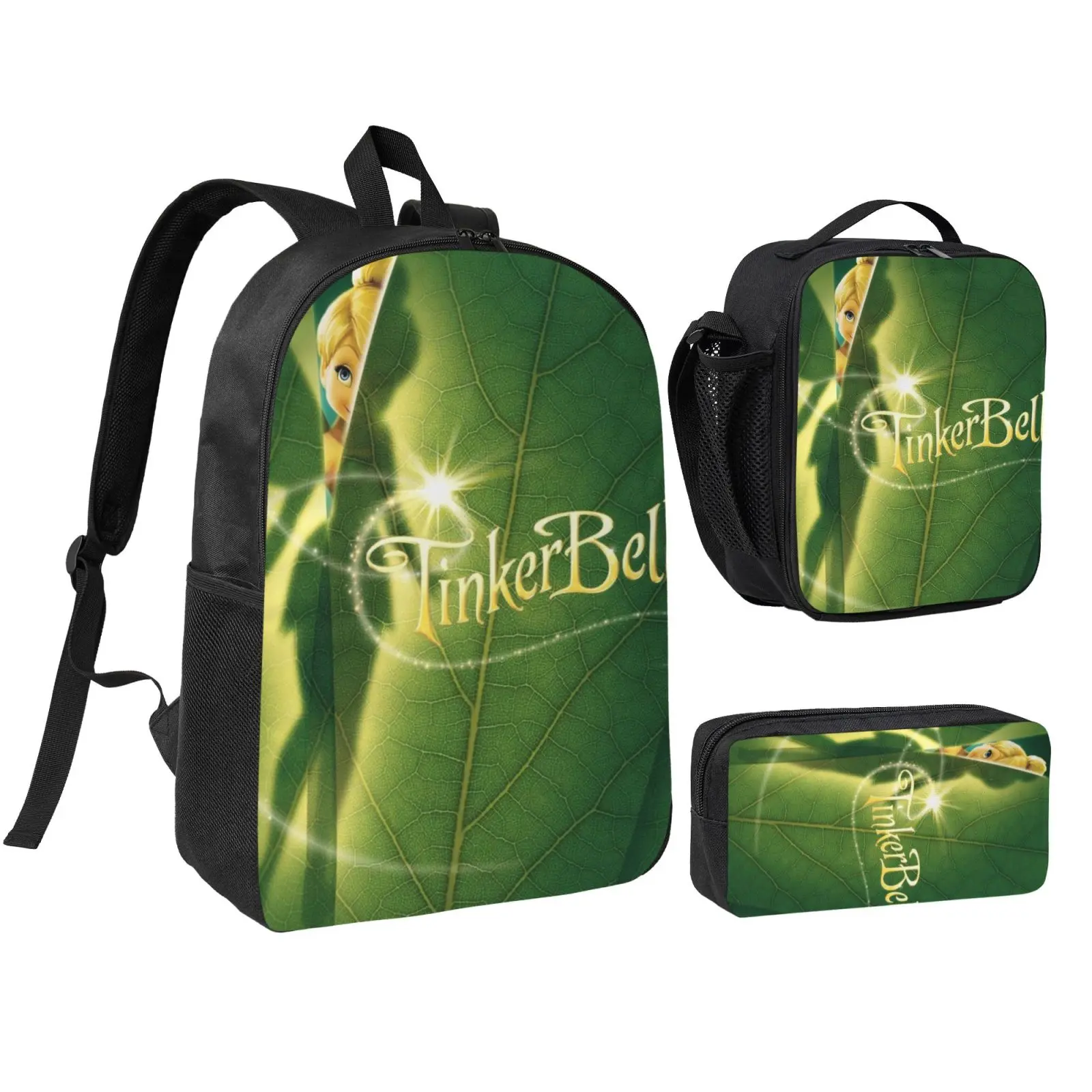 Anime Tinkerbell2 Kids School Bag Set, Teen Boys Girls Backpack with Adjustable Shoulder Straps, Multipurpose Bookbag with Lunch Box Pencil Bag for School Travel Office Daily Use