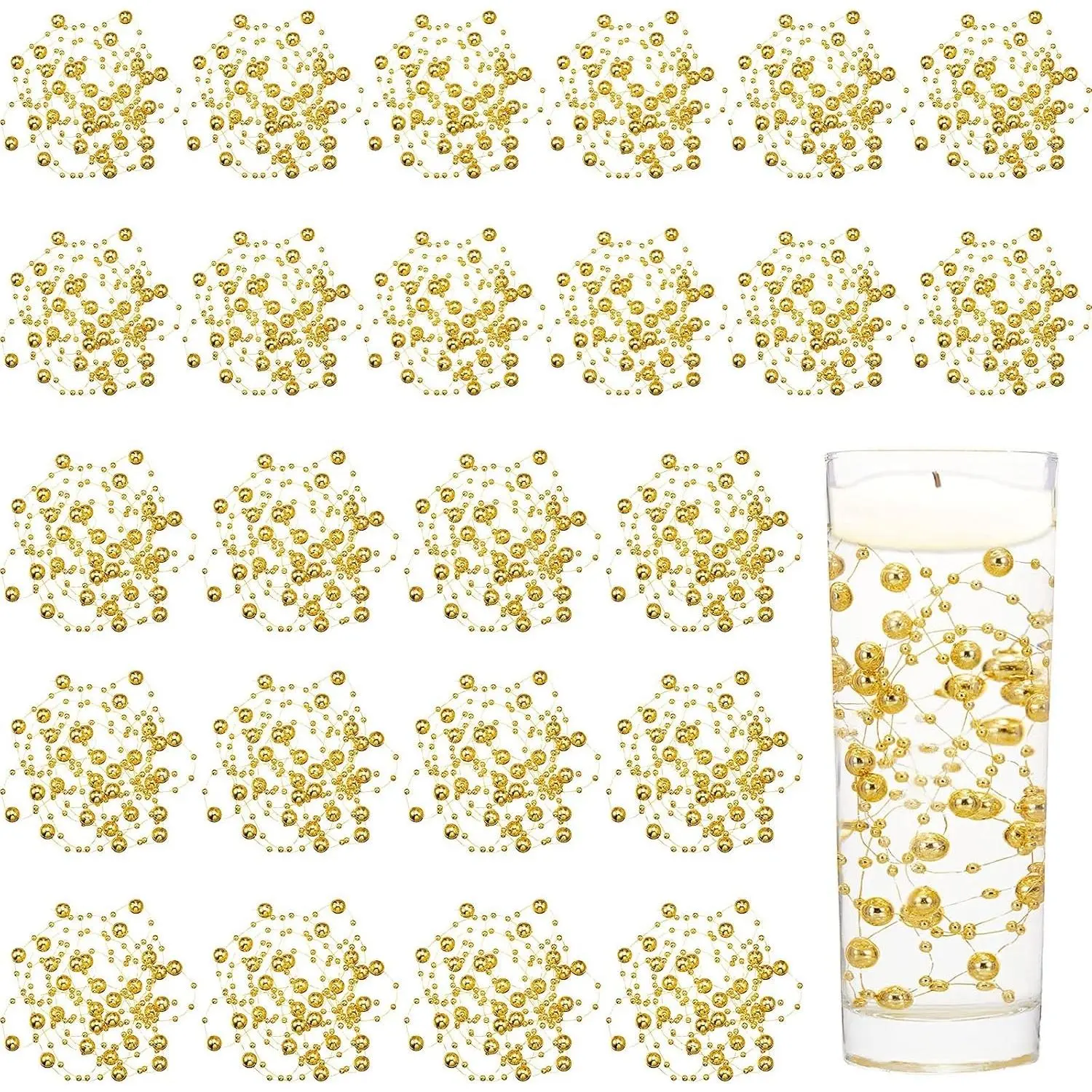 24 Pcs Gold Artificial Pearl String Garland, Faux Pearl Beads for Floating Candle Centerpieces, Vase Filler Decor for Wedding Spring Holiday Parties