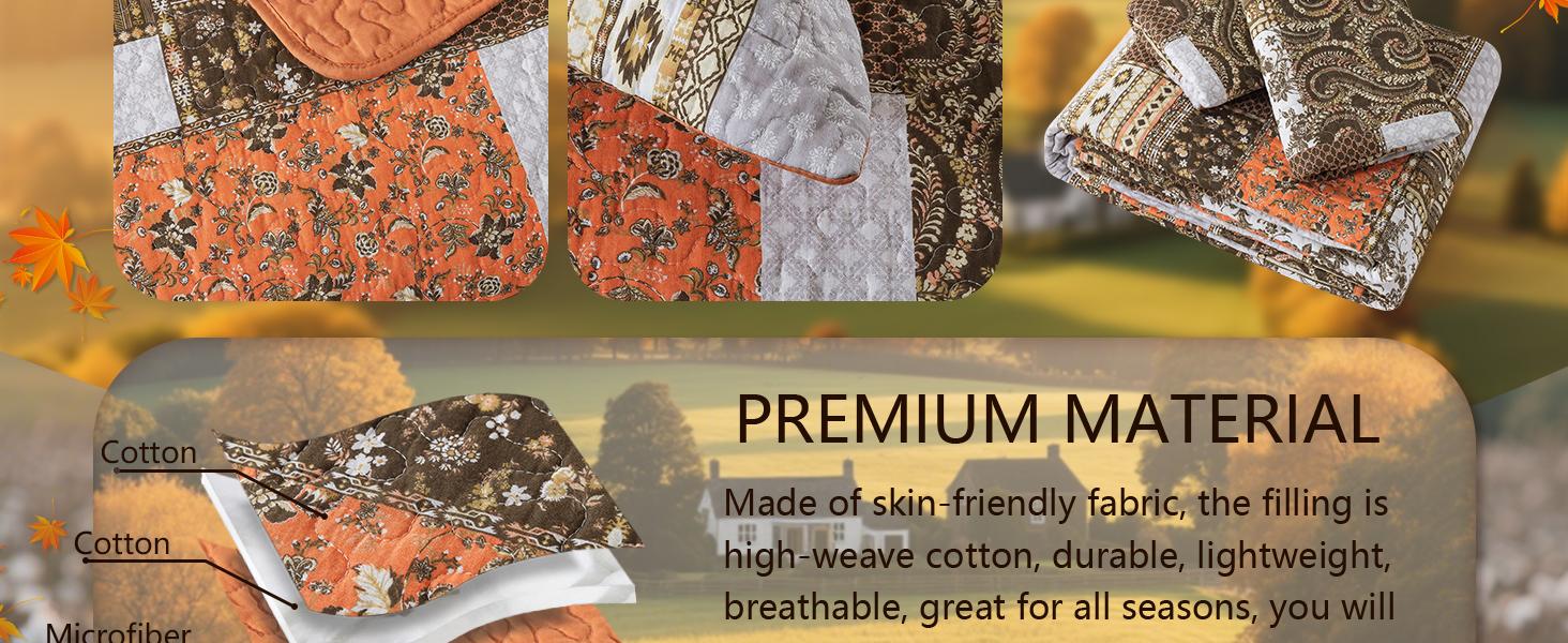 Cotton King Size for Farmhouse- Fall Patchwork Bedspread Set --Woven Soft Reversible King Size Bed Spread for All (Floral Orange) 3 Pieces
