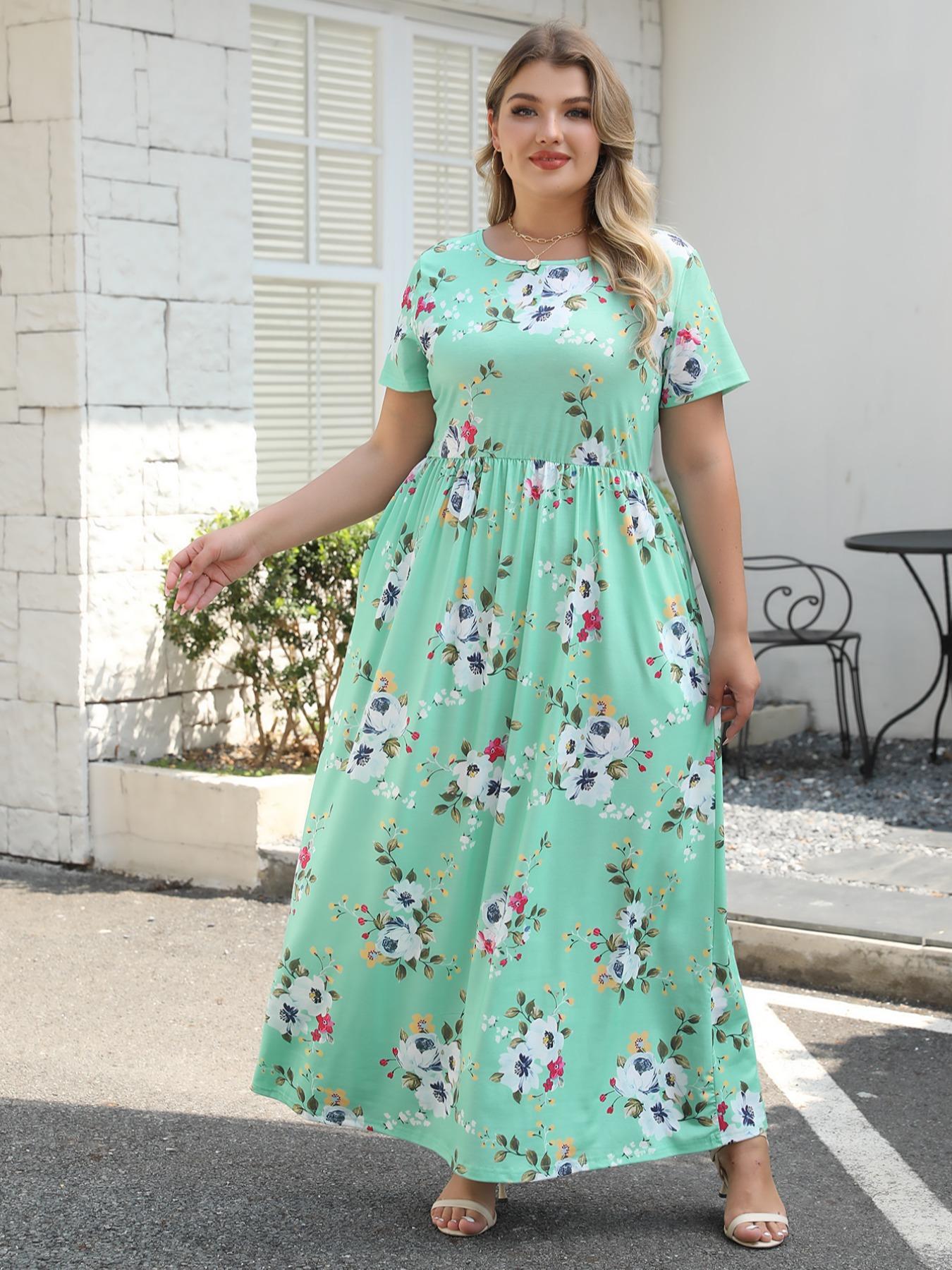 Women's Round Neck Stretchy Casual Long Plus Size Dress, Perfect for Bridesmaids, Vintage Style Wedding & Party Wear, Comfortable Fabric