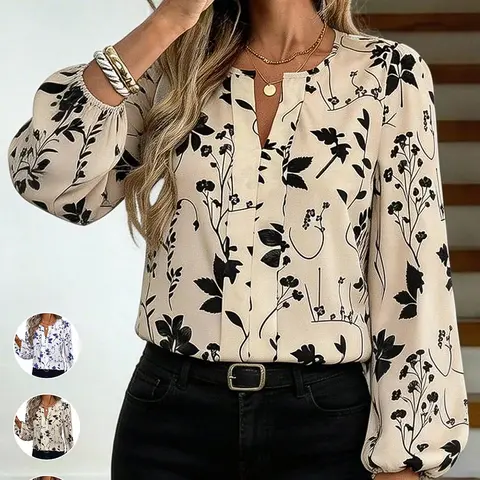 Women's Casual Floral Print V-Neck Long Sleeve Loose Shirt, All Season Shirt, Comfortable and Stylish Top for Daily Wear, Elegant Autumn Everyday Office Top
