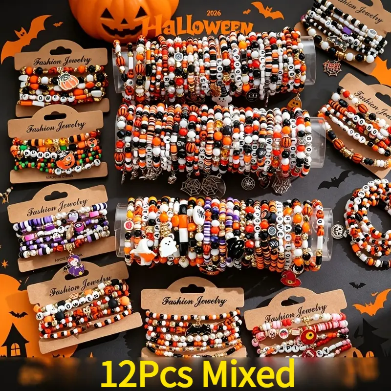 Unisex 12-Piece Halloween Stretch Bracelet Set - Spooky Beaded Stackable Bangles with Pumpkin, Skull Motifs, Costume Jewelry for Party, Casual Wear