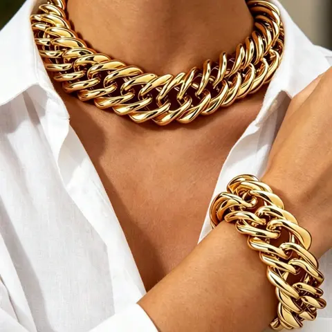 2pcs/Set Chunky Jewelry Minimalist Metal Clavicle Chain Fashion Versatile Gold Chain Thick Necklace Vintage Women Jewelry Necklace Suitable For Daily Wear, Shopping, Photography, Party And Gathering, Stacking Necklace