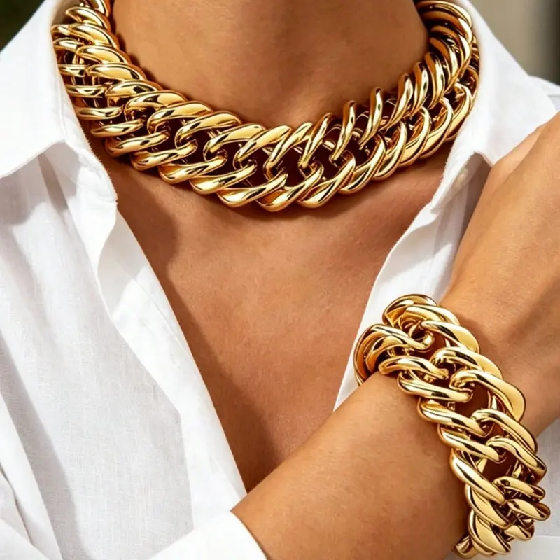 2pcs/Set Chunky Jewelry Minimalist Metal Clavicle Chain Fashion Versatile Gold Chain Thick Necklace Vintage Women Jewelry Necklace Suitable For Daily Wear, Shopping, Photography, Party And Gathering, Stacking Necklace