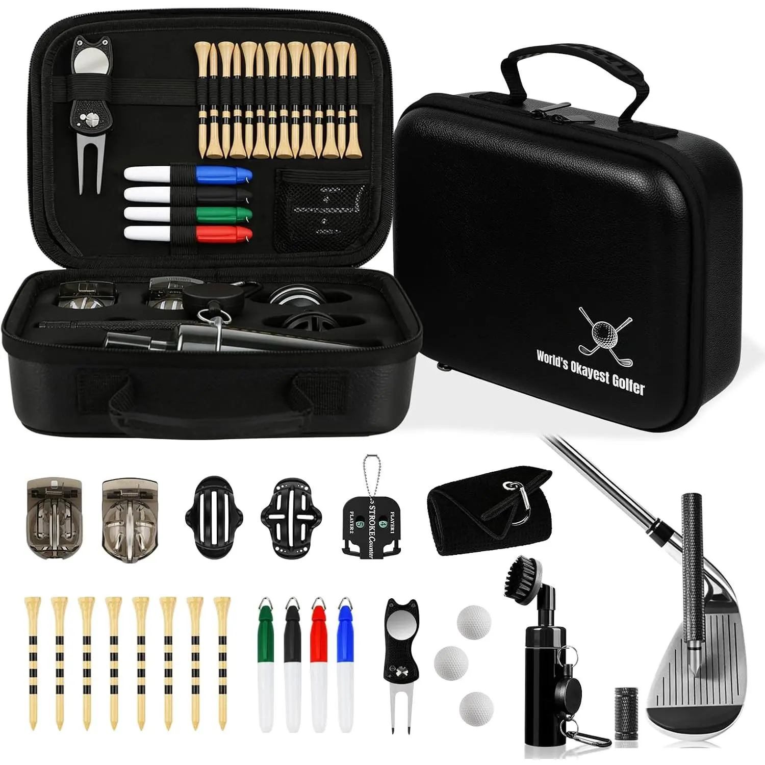 30 count Golf Accessories Kit with Towel, Club Brush &  Cleaner, Golf Balls, Tees, Score Counter, Ball Line Marker Tool, Divot Repair Tool Color Ball Markers Pen–Golf  for Men Golfers