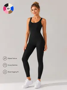 Women's Backless U-Neck Sleeveless Jumpsuit, Fitted Sporty Yoga Training Wear, All Seasons Plain Surface Unlined Long Pants
