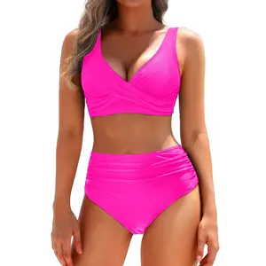 Yonique Women's Two Piece High Waisted Bikini Set Tummy Control Swimsuit Full Coverage Bathing Suit Criss Cross Bikini Top Twist Front Bikini Top with Ruched Bikini Bottoms  SwimWeek  summervibes