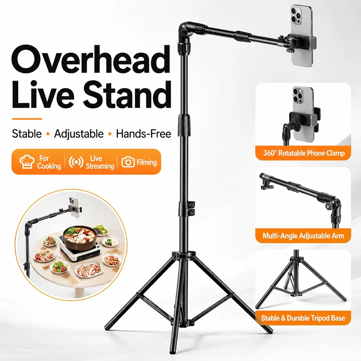 360° Panoramic Tripod Stand with Rotating Tilt Head, Smartphone Tripod Stand, Phone Camera Stand for Live Streaming, Vlog and Photography, Tripod Phone Mount