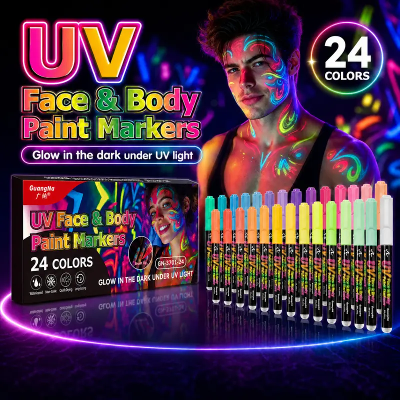 24 Colors Glow in The Dark Face Paint Markers, Black Light Neon Body Paint Pens for Skin, Washable UV Temporary Tattoo for Birthday Glow Party Supplies Halloween Makeup Easter Basket Stuffers