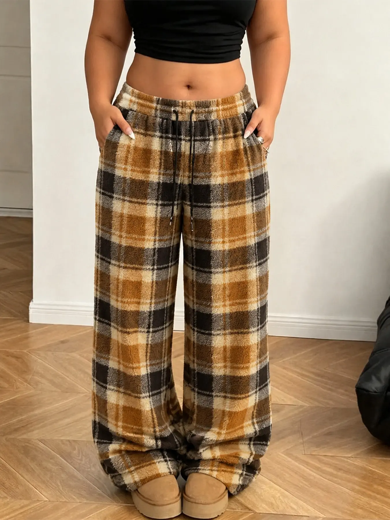 Women's Plaid Faux Fur Wide Leg Pants, Soft & Warm Fall Winter, Casual Street Style, High Waist Drawstring Design