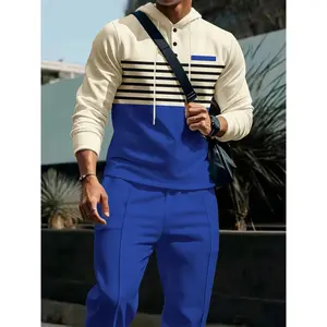 Men's Fashion Casual Striped Hoodie & Waffle Knit Pants Set, Breathable Heavy Fabric, Streetwear Travel, All Seasons Fitted Style, Waffle Knit Sets