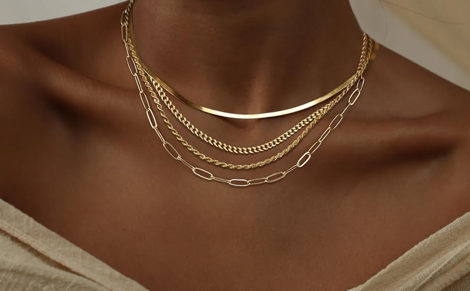 14K Gold Plated Layered Necklace Set, Stackable Choker for Women - Trendy Cuban Chain, Pearl Cross Pendant, Herringbone & Paperclip Chains| Adjustable Minimalist Jewelry Gift for Valentine's/Birthday/Graduation