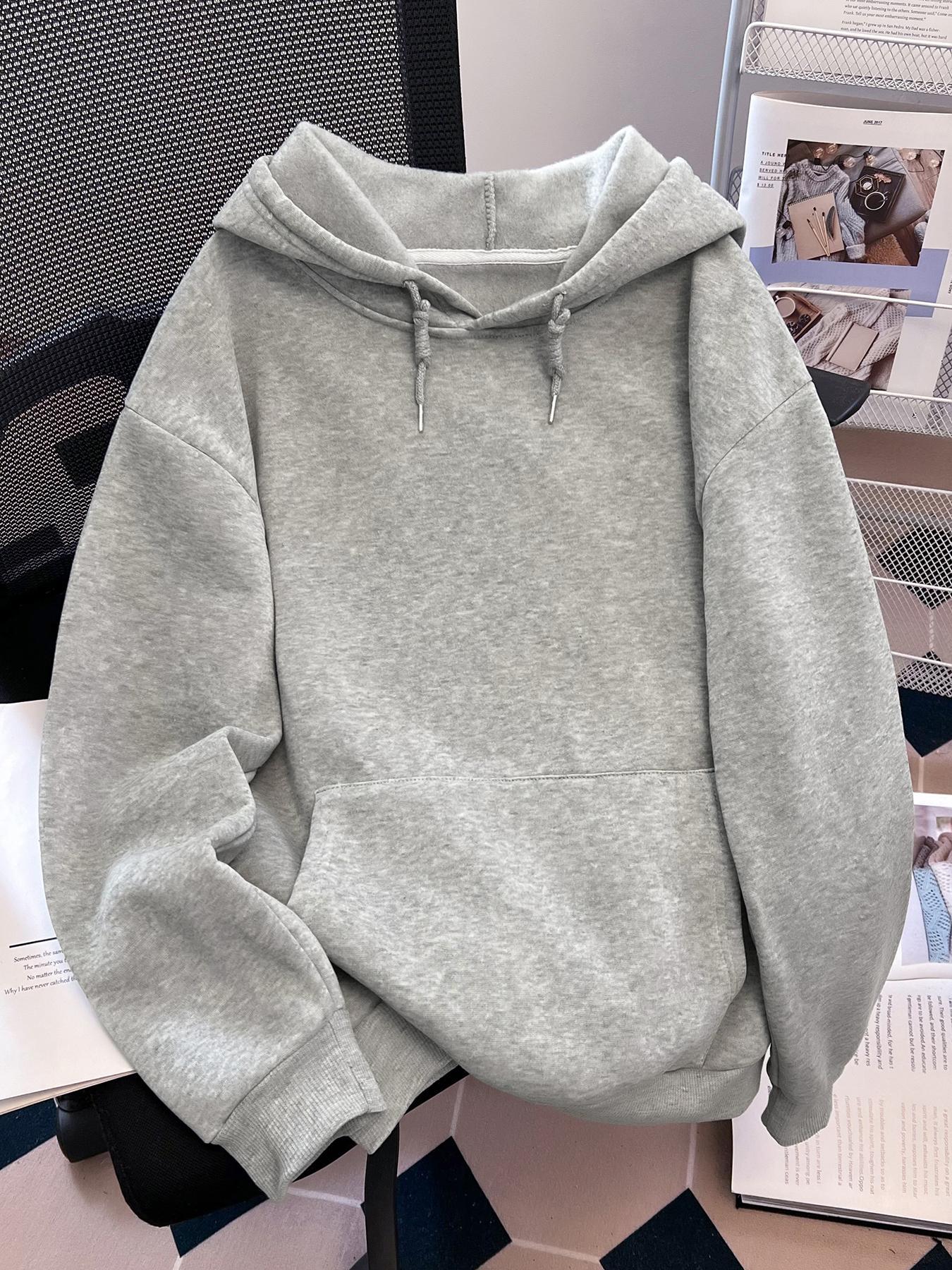 Women's Solid Color Drawstring Pocket Hoodie, Casual Minimalist Loose Basic Knit Long Sleeve Hooded Sweatshirt for Fall & Winter, Women's Clothes for Daily Wear, Womenswear