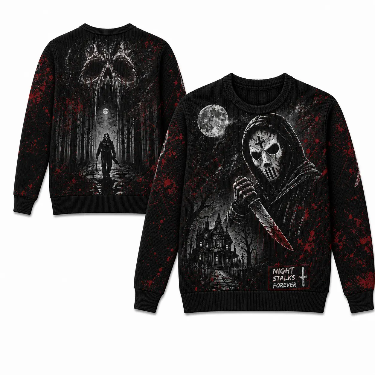 Men's Gothic Sweater Horror Skull Graphic Knit Sweater Dark Fantasy Crewneck Pullover Halloween Sweater Black Long Sleeve Streetwear Top Vintage Skeleton Mask Printed Sweater Casual Oversized Sweater For Men Women Alternative Fashion Y2K Gothic Clothing