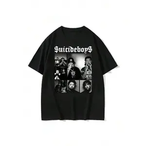Suicideboys Black White Photo Collage Graphic T-Shirt, Gothic Font Underground Hip Hop Rap Group Unisex Black Cotton Music Fan Streetwear Short Sleeve Tee # Suicideboys # G59Records # UndergroundRap # HipHopMerch