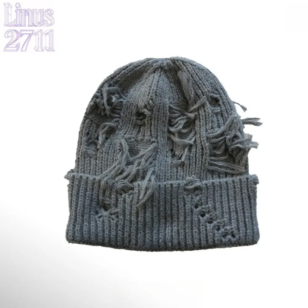 Unisex Vintage Distressed Ripped Knit Beanie Frayed Tassel Cuffed Winter Streetwear Skull Cap Y2K Fashion Hat