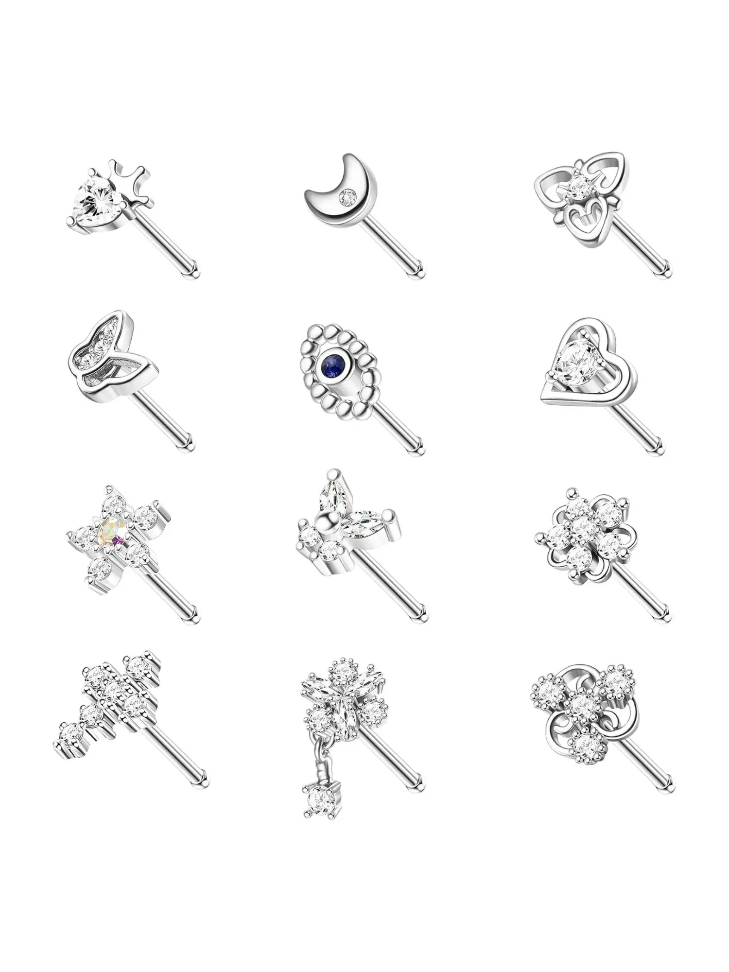 12 Pcs Boho Fairy-Style 3A Zirconia Threaded Stainless Steel Nose Stud Collection Dainty Threaded Straight Bar Nostril Stud Multipack for Women Men Minimal Daily Styling for Vacation Portrait Shooting Eye-catching Crown Moon Heart Butterfly Themed Motifs
