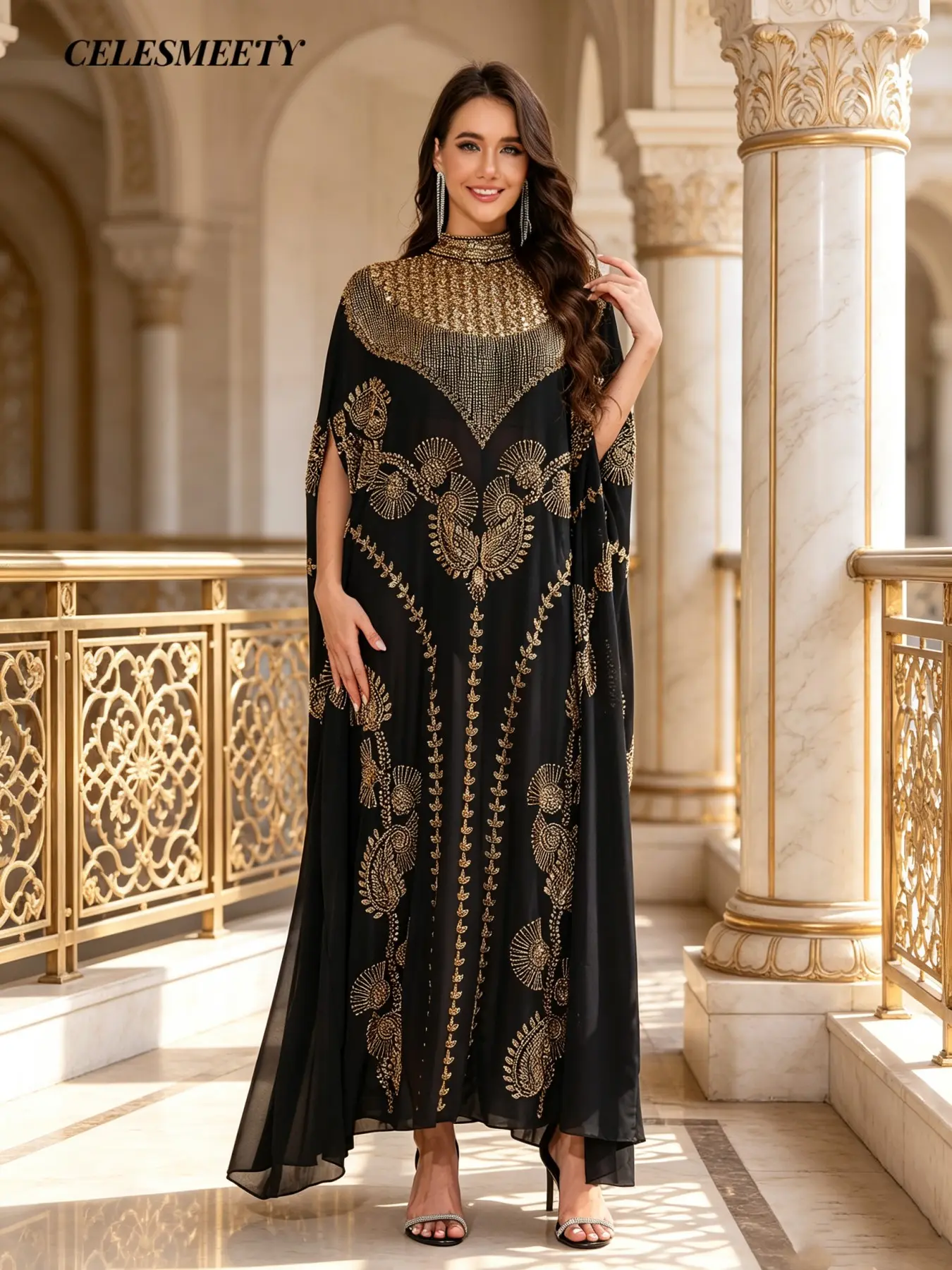 Celesmeety Muslim Abaya Dress, Sequin Long Robe, Elegant Islamic Fashion, Perfect for Weddings and Parties, All-Season Loose Fit