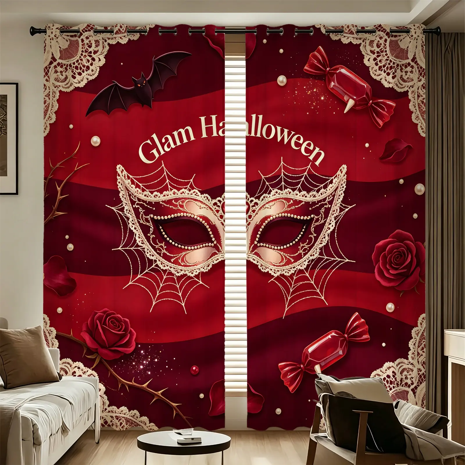 2pcs curtain set Glam Halloween Masquerade Theme Curtains, Lace Trim Spider Web Venetian Mask Red Rose Bat Candy Printed Window Drapes, Soft Wrinkle-resistant Fabric, Perfect for Living Room Bedroom Halloween Party Home Decor, Create Spooky Chic Hal