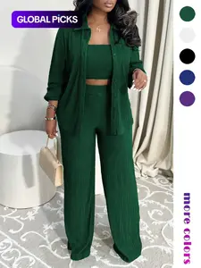 Women's Elegant Minimalist Three-Piece Set, Vacation Style Solid Color Pleated Fabric, Lapel Pocket Front Button Casual Shirt Top and Strapless Tank and Straight Leg Pants Suits, Womenswear
