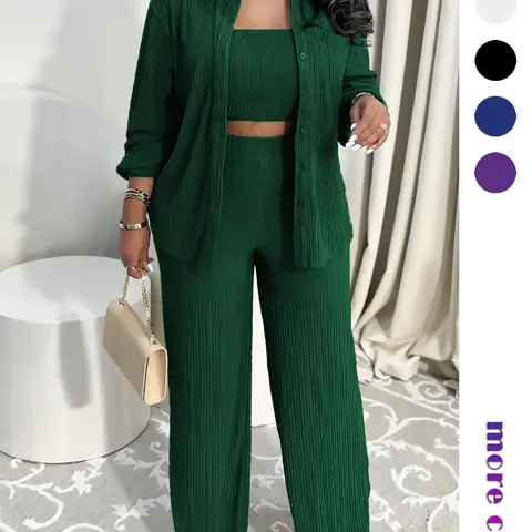 Women's Elegant Minimalist Three-Piece Set, Loose Fit Set, Vacation Style Solid Color Pleated Fabric, Lapel Pocket Front Button Casual Shirt Top and Strapless Tank and Straight Leg Pants Suits, Womenswear