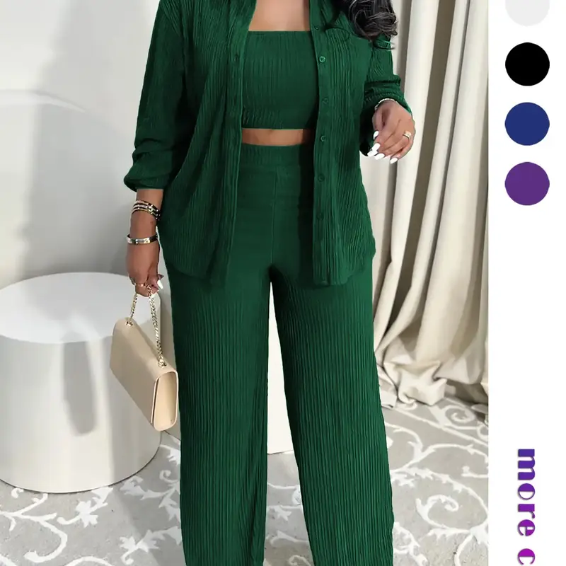 Women's Elegant Minimalist Three-Piece Set, Loose Fit Set, Vacation Style Solid Color Pleated Fabric, Lapel Pocket Front Button Casual Shirt Top and Strapless Tank and Straight Leg Pants Suits, Womenswear
