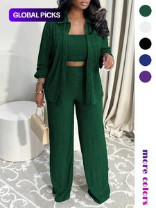 Women's Elegant Three-Piece Set, Vacation Style Solid Color Pleated Fabric, Lapel Pocket Front Button Casual Shirt Top Tank Straight Leg Pants