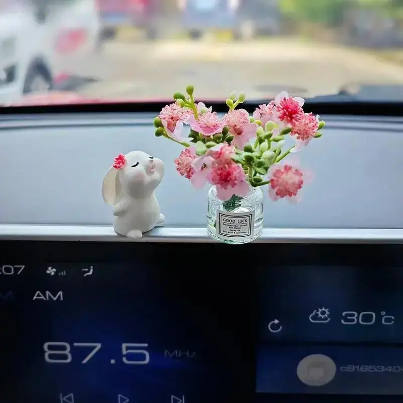 2pcs Cute Bunny & Flower Vase Cars Accessories Set - Whimsical Car Decor, Mini Floral Touch Dashboard Ornament, Home Accent, Gift for Animal Fans, Vehicle