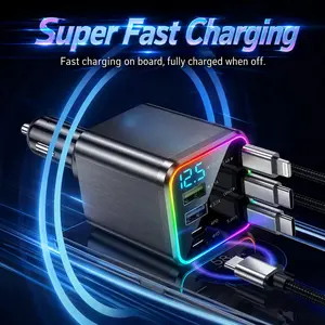 7 in 1 Retractable Car Charger 120W Max Super Fast Charging QC3.0 PD2.0 3 Tangle Free Retractable Cables 4 Extra Ports Charge 7 Devices Simultaneously Starry Sky Light Galaxy Projector LED Voltage Display Smart Chip Universal for iPhone Samsung Android su