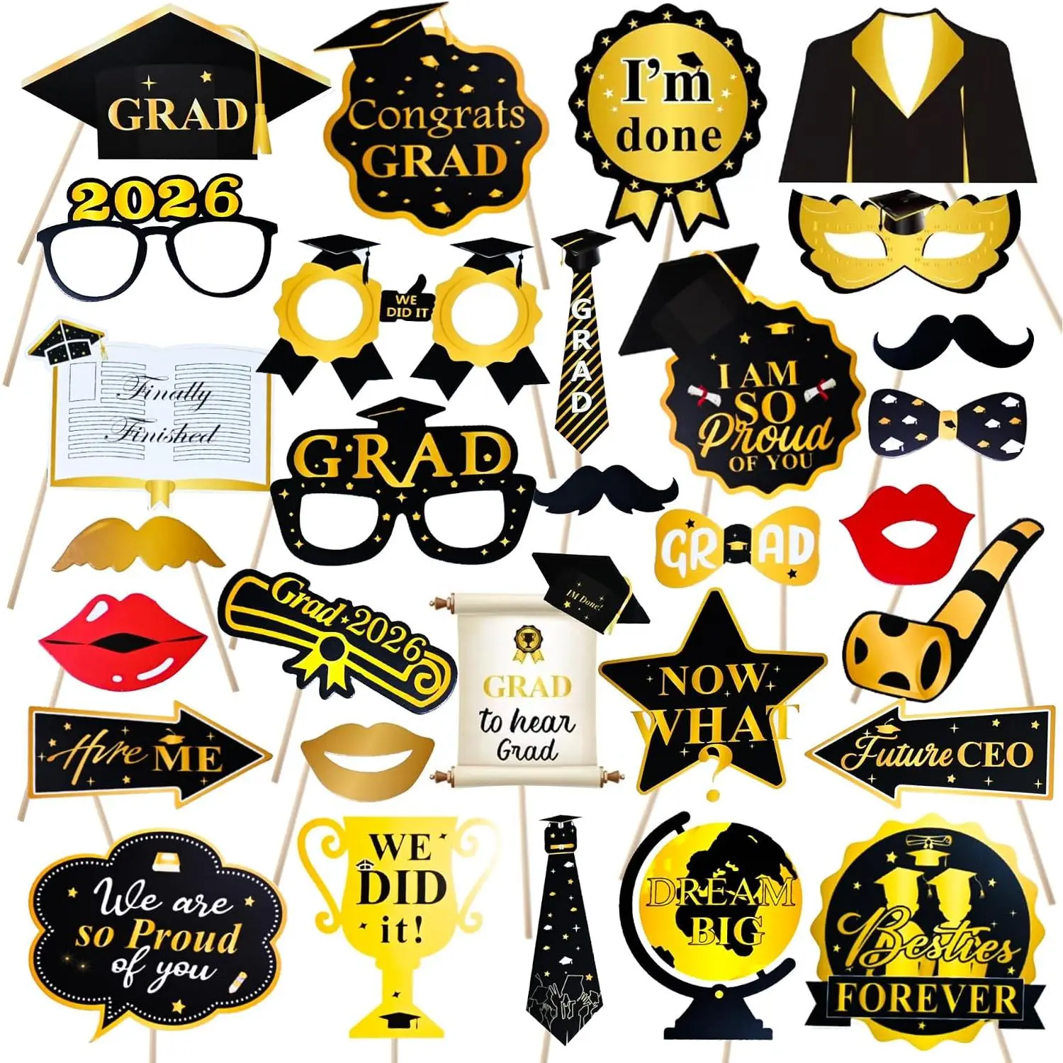 Graduation Photo Booth Props 2026, Pack of 30 Black  Graduation Decorations for Graduation Party Supplies, 2026 Grad Party Pose Sign for Graduation Party Favors Supplies Decorations ()
