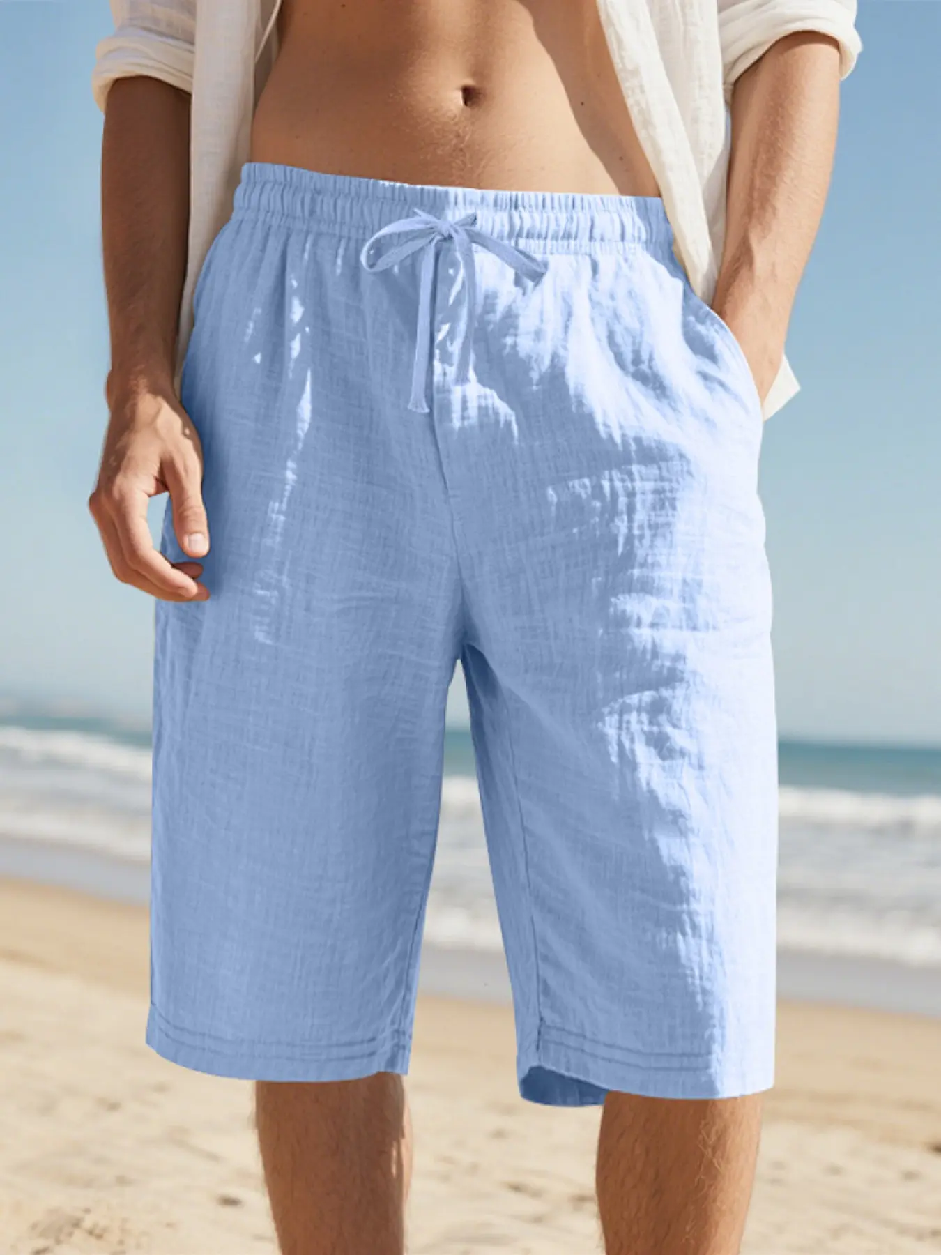 Men's Summer Loose Fit Lightweight Breathable Drawstring Mid Waist Casual Capri Pants, Comfortable and Versatile Seven-Eighths Trousers