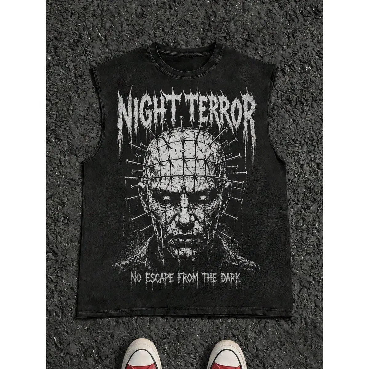 Menswear Streetwear Retro Horror Unisex Oversized Crew Neck Tank Top - Pinhead Hellraiser Slasher Design, Sleeveless Casual Top for Gothic Horror Film Lovers
