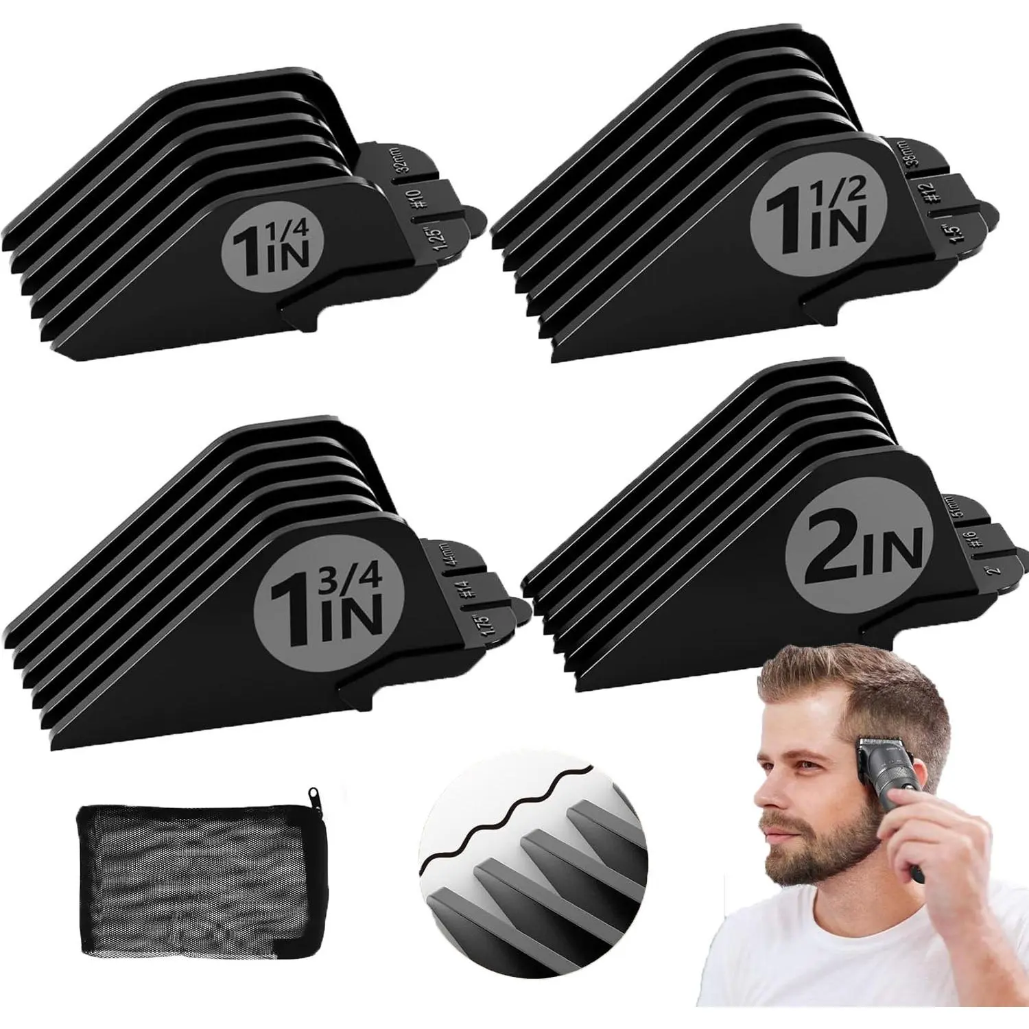 4Pcs Extra Long Hair Clipper Guards Set, 1.25/1.5/1.75/2 Inch#10/#12/#14/#16 Replacement Clipper Guide Combs, Universal Black Professional Hair Trimmer Attachments for Full Size Clippers