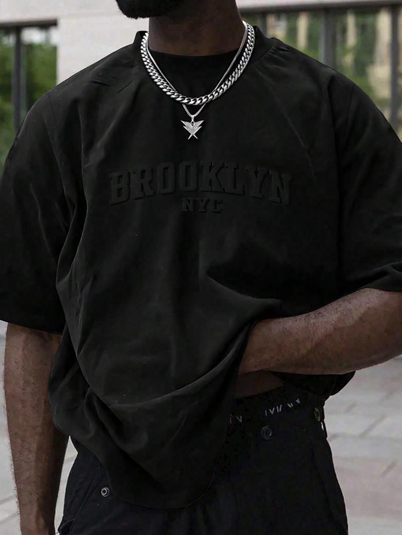 Men's Plain Letter Embossed  Drop Shoulder Tee, Regular Fit Casual Short Sleeve Round Neck T-shirt for Summer, Fashion Men's Top for Daily Wear