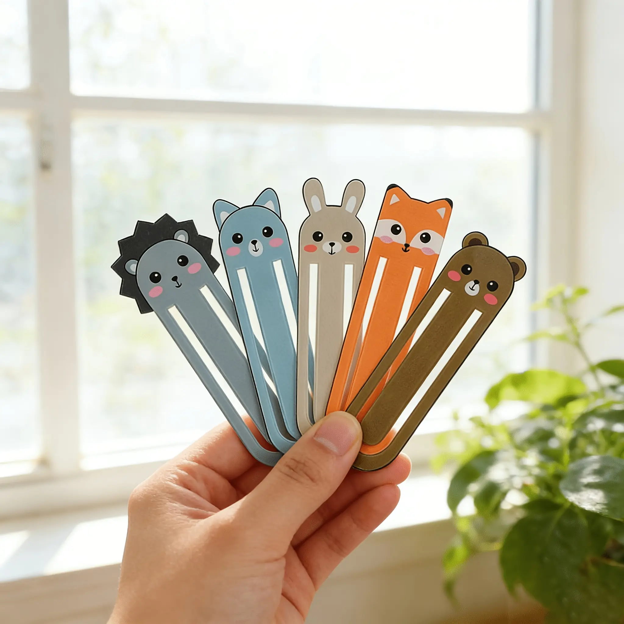 Five Acrylic Bookmark Clips Featuring Adorable Cartoon Animal Designs Including Cats, Pandas, Rabbits, Hedgehogs, and Foxes, Making Them a Thoughtful Gift for Animal Lovers, Book Lovers, and Reading Enthusiasts