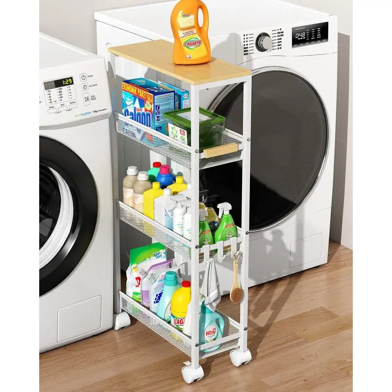 4-Tier Slim Laundry Storage Organizer Rolling Cart with Rolling Wheels, Wood Top & Metal Frame, 7.2" Wide Mobile Shelf for Narrow Spaces, Easy to Assemble Home Organizer for Bathroom, Kitchen
